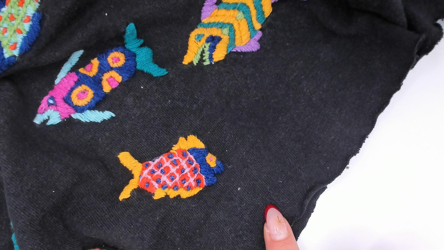 90s Las Manos Embroidered Fish Crop Top Black Cotton Rainbow Tropical Medium