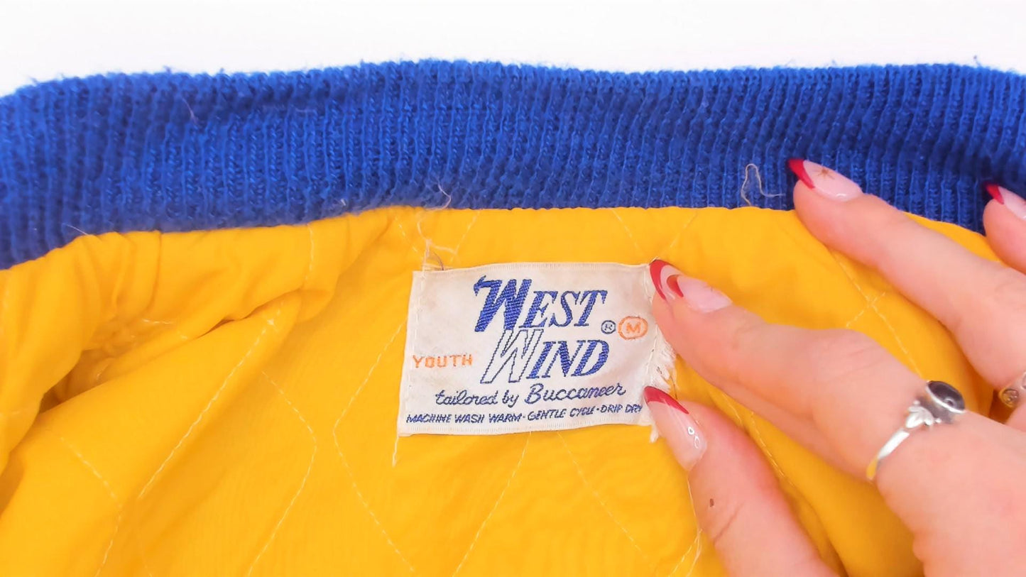 80s West Wind Royal Blue Satin Bomber Jacket Hastings Embroidered Gold Lined XS