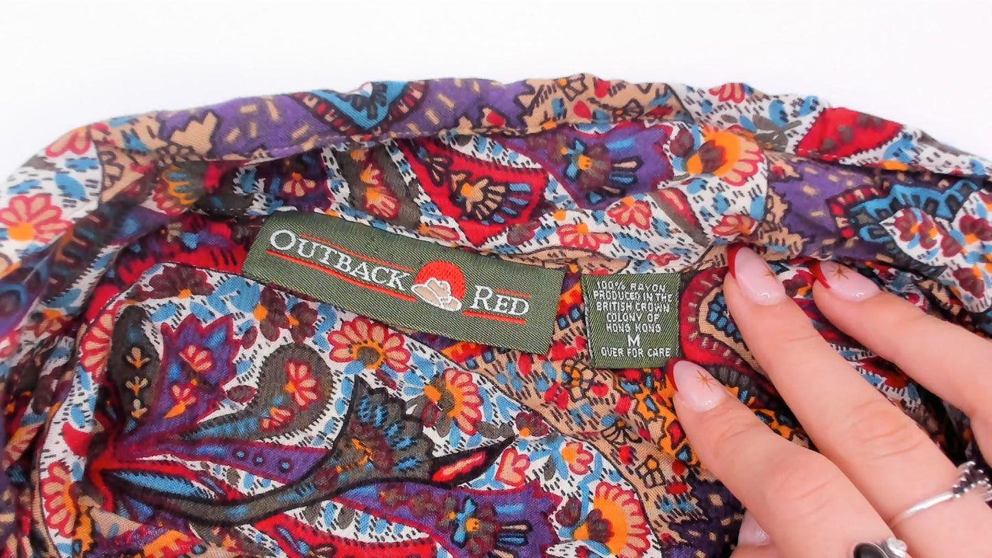 90s Outback Red Paisley Button Front Shirt Camp Collar Purple Medium M