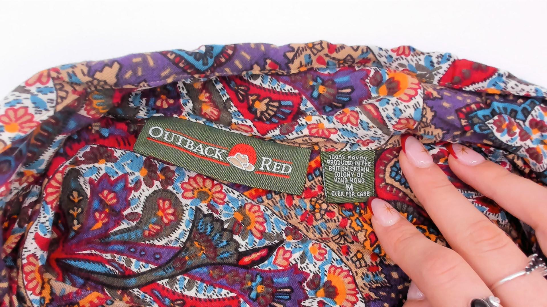 90s Outback Red Paisley Button Front Shirt Camp Collar Purple Medium M