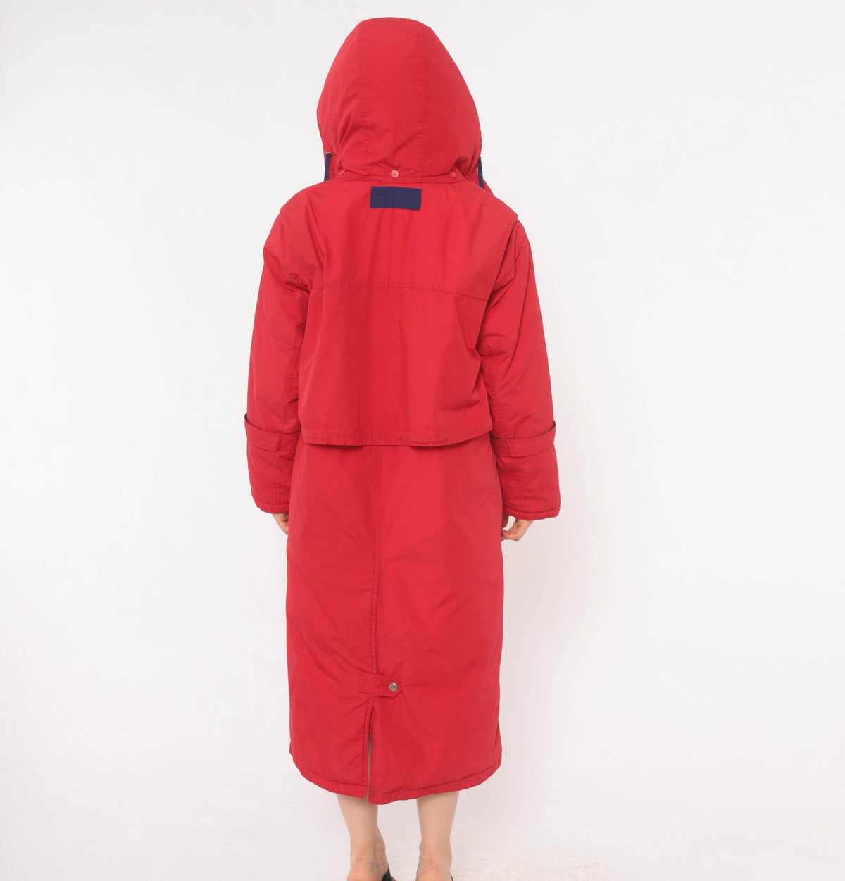 80s Red Duck Down Parka Long Hooded Coat Navy Trim Small S