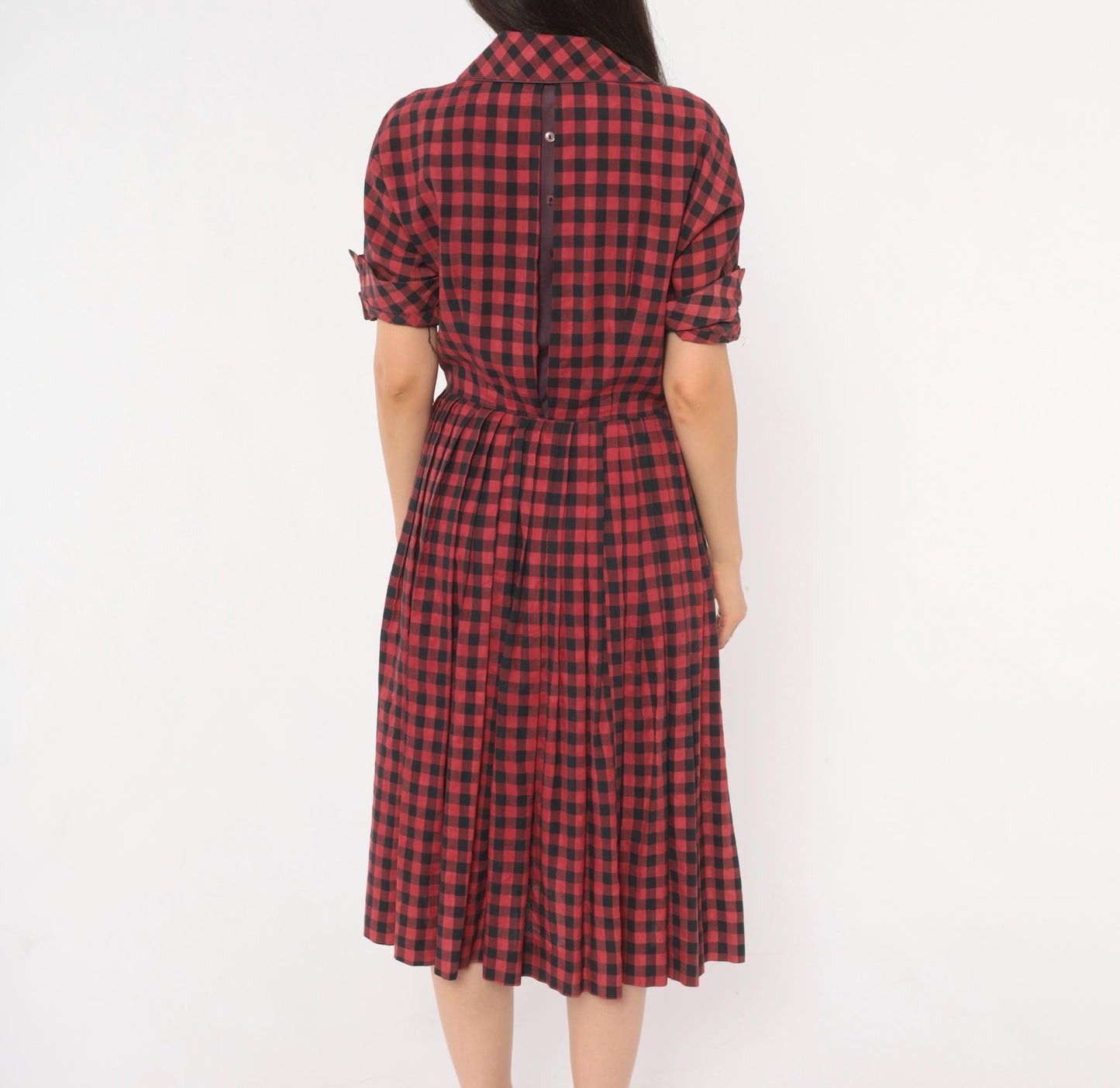 60s Meg Marlowe Buffalo Check Shirtdress Burgundy Black Plaid Cotton Small