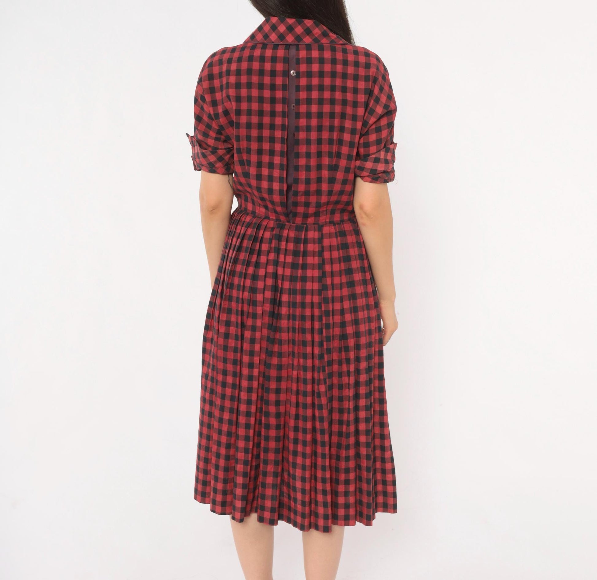 60s Meg Marlowe Buffalo Check Shirtdress Burgundy Black Plaid Cotton Small