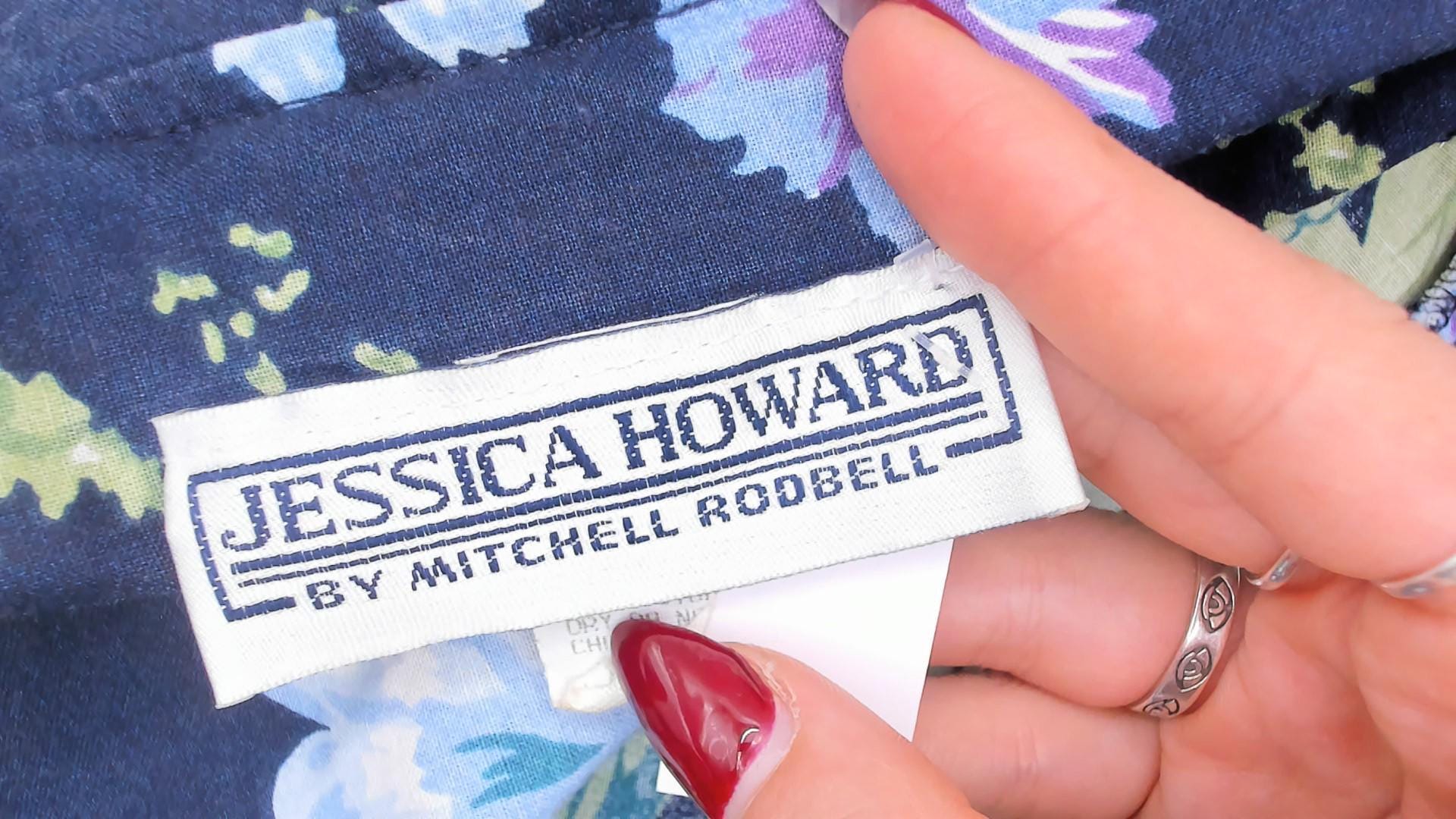 80s Jessica Howard Navy Floral Cotton Dress Sailor Collar Button Front Medium