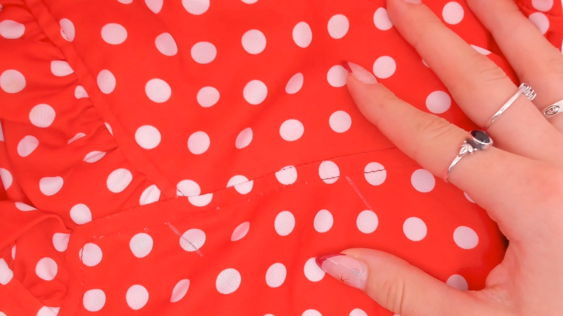 70s Red White Polka Dot Dress Long Sleeve V Neck Ruffle A Line Large