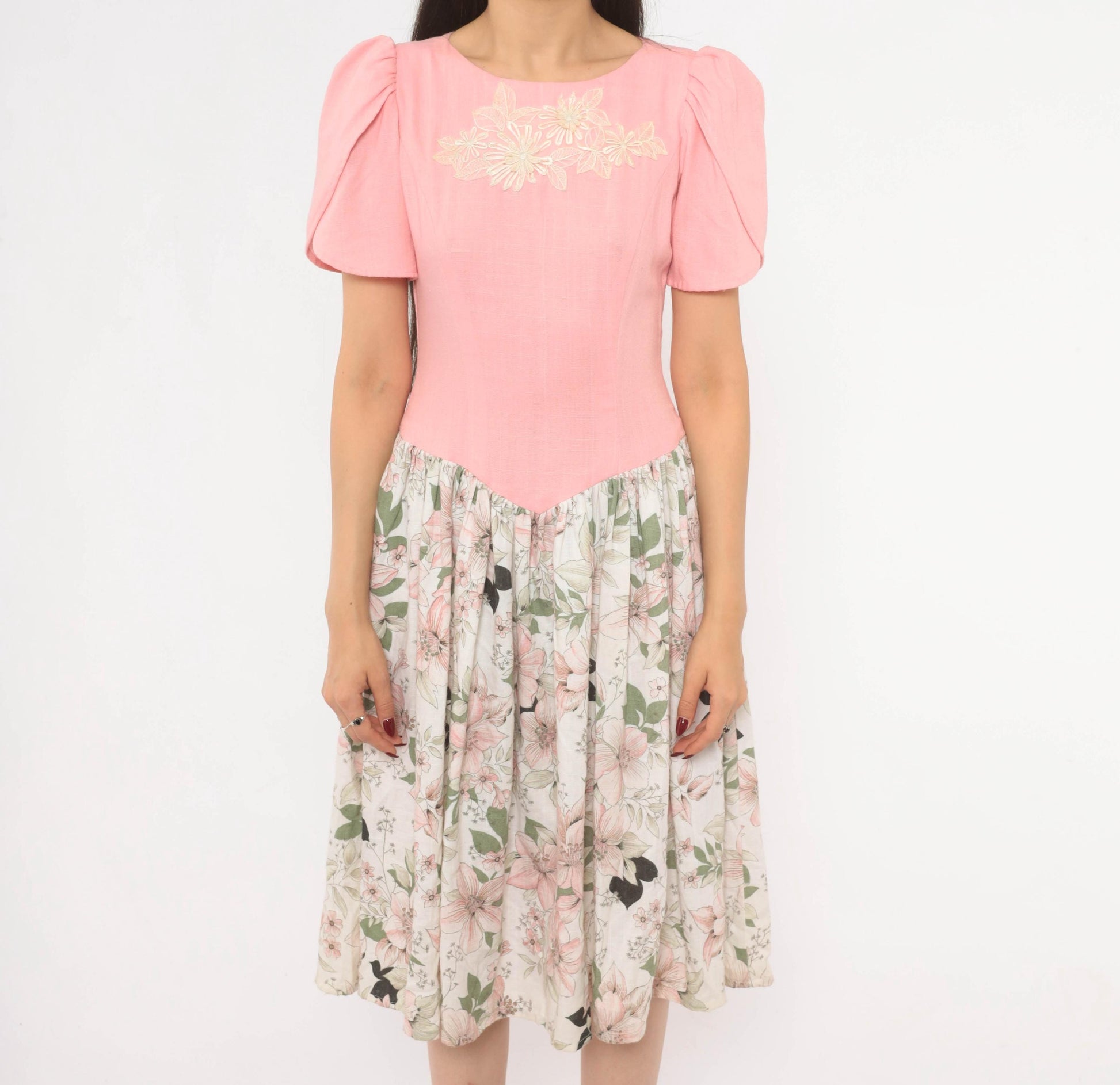 80s Pink Floral Puff Sleeve Dress Bow Back Drop Waist Cotton Small