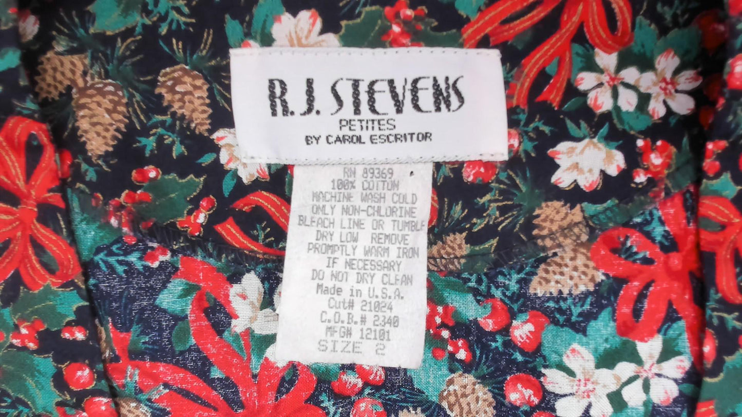 90s R.J. Stevens Christmas Jumper Dress Cotton V-Neck Holly Pinecone Navy Extra Small XS
