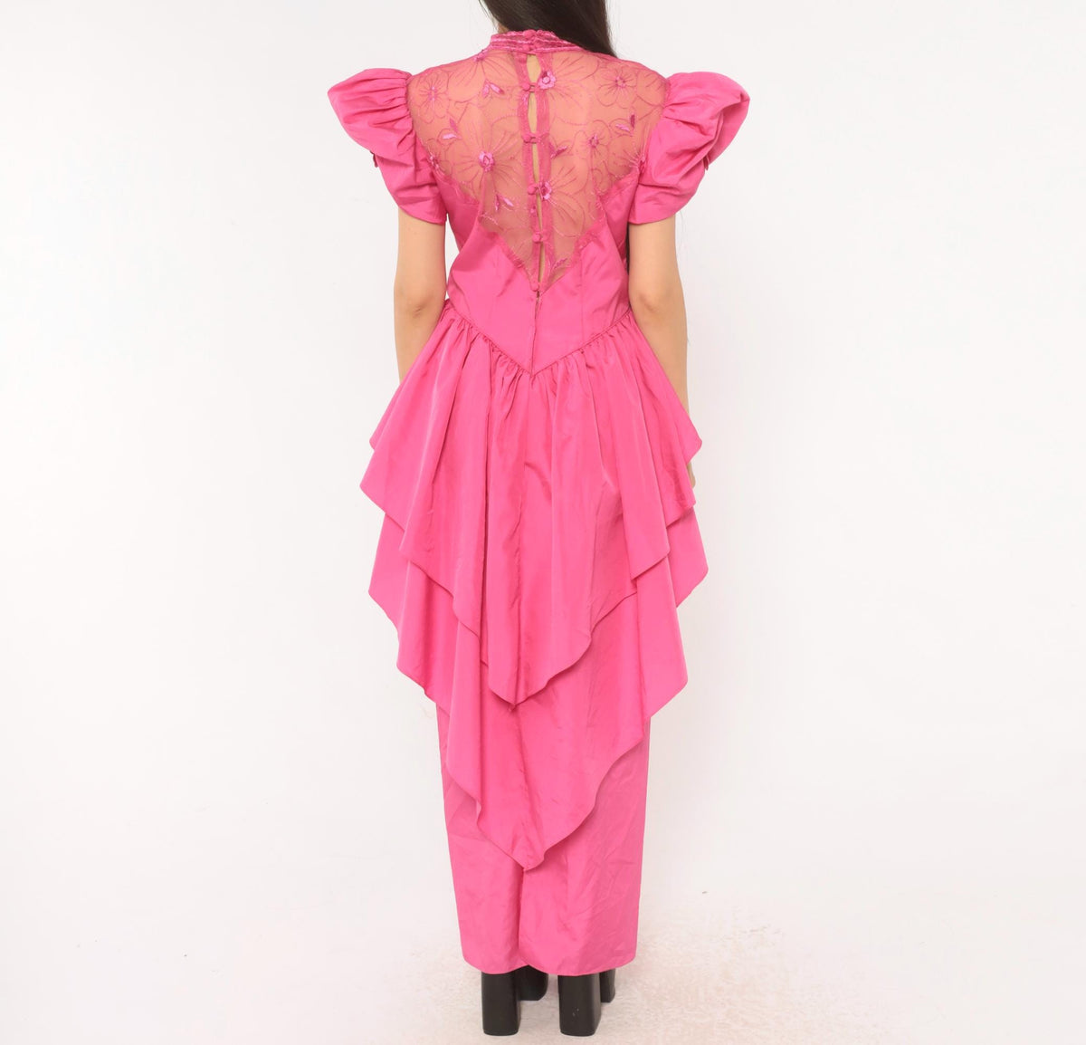 80s Eve Of Milady Hot Pink Maxi Gown Puff Sleeve Peplum Lace Bodice Small