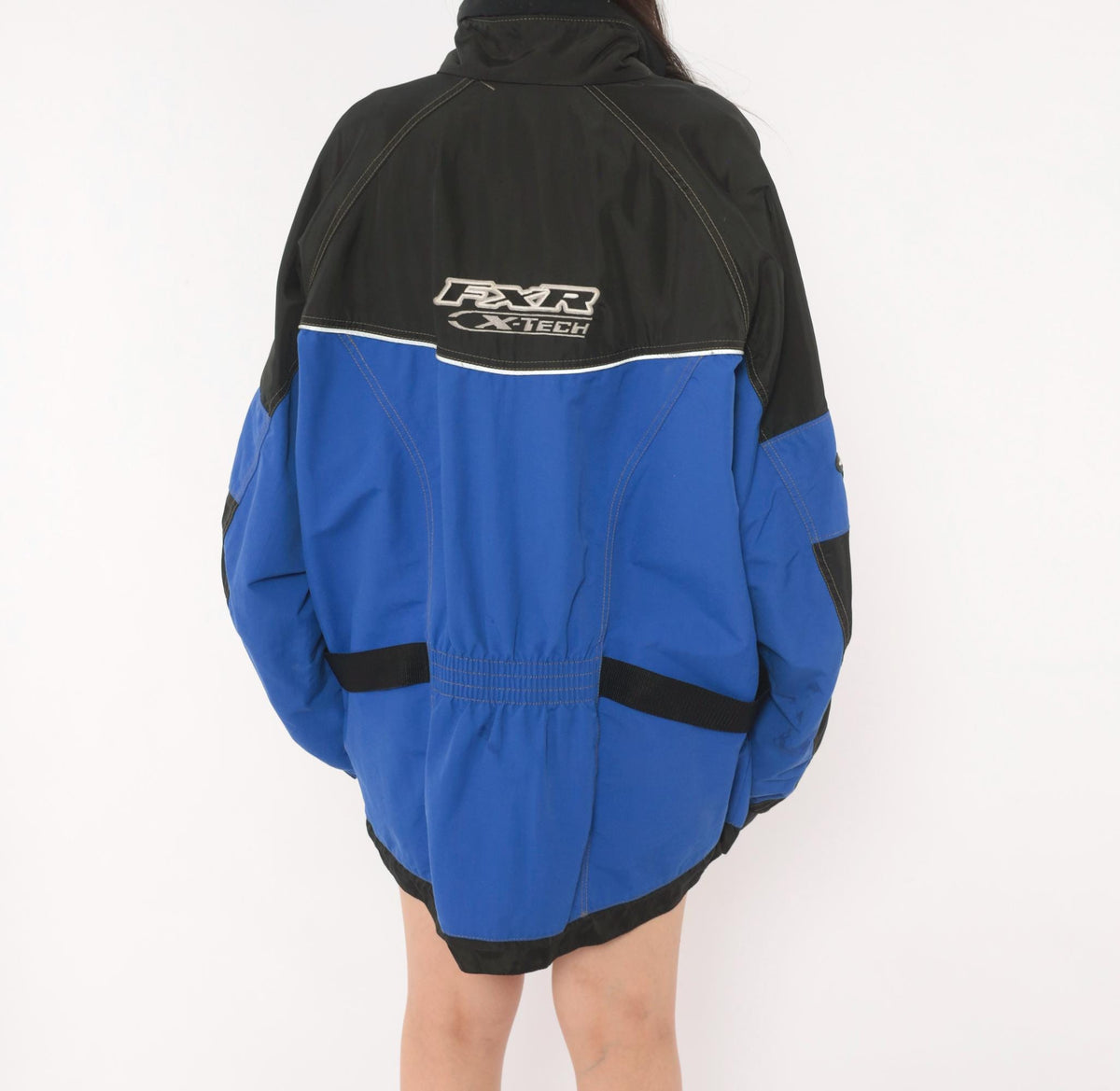 90s FXR X-Tech Snowmobile Jacket Blue Black Color Block Nylon Shell Extra Large XL