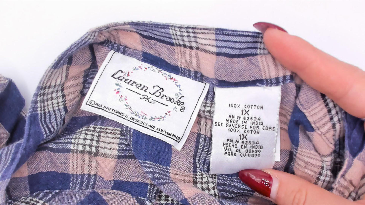 90s Lauren Brooke Plus Plaid Maxi Dress Button Front Cotton Blue Pink 1X