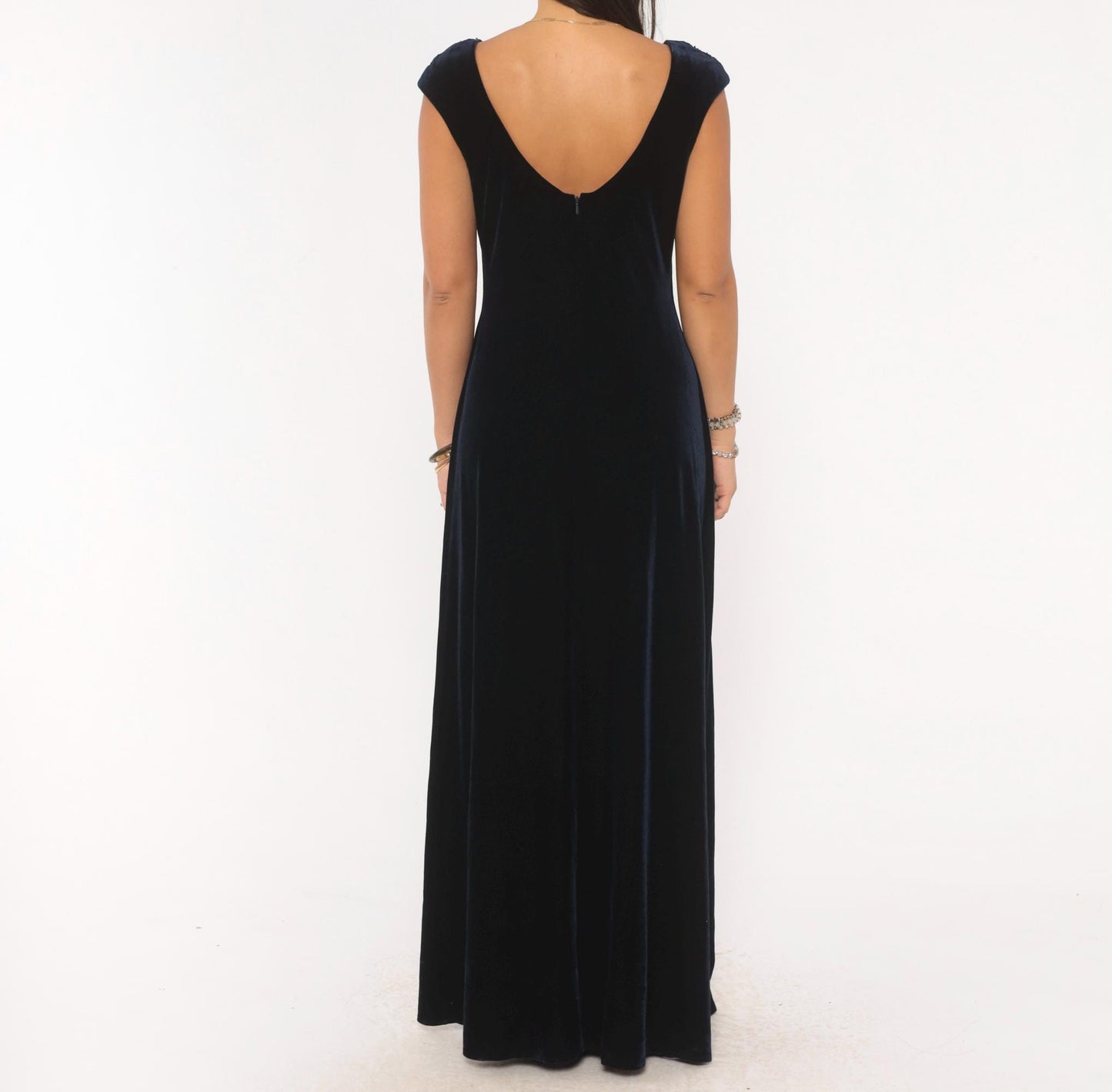 90s J. R. Nites Navy Velvet Gown Beaded Sequin Cap Sleeve Boat Neck Medium