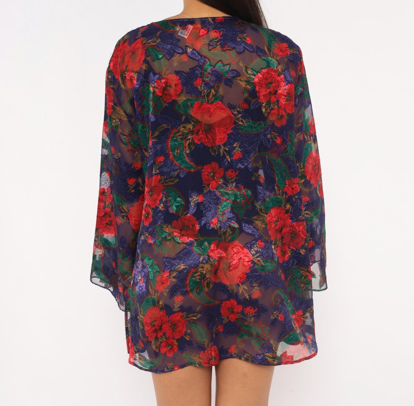 90s Victoria's Secret Sheer Robe Navy Red Floral Bell Sleeve Button Front Medium