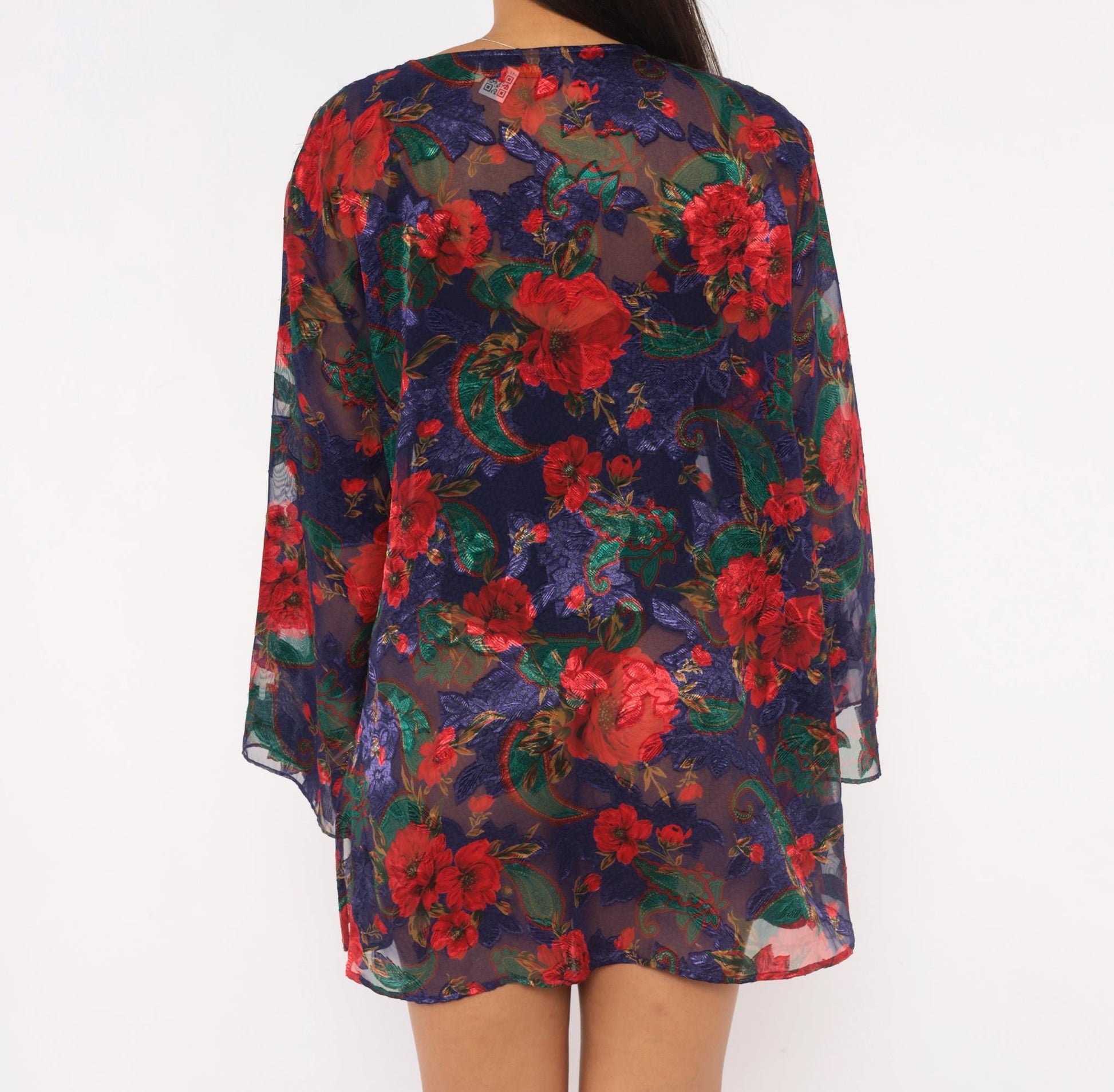 90s Victoria's Secret Sheer Robe Navy Red Floral Bell Sleeve Button Front Medium