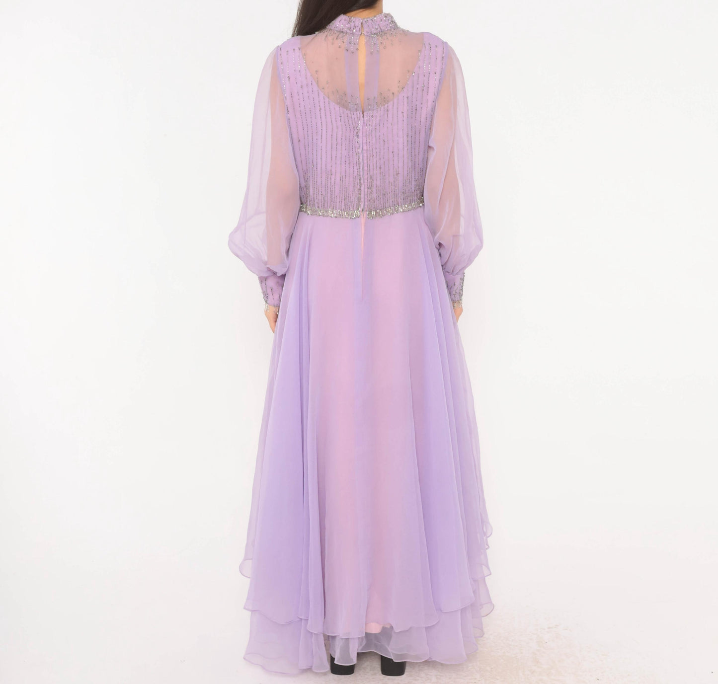 70s Lavender Chiffon Maxi Dress Beaded Bodice Bishop Sleeve Evening Gown Large L