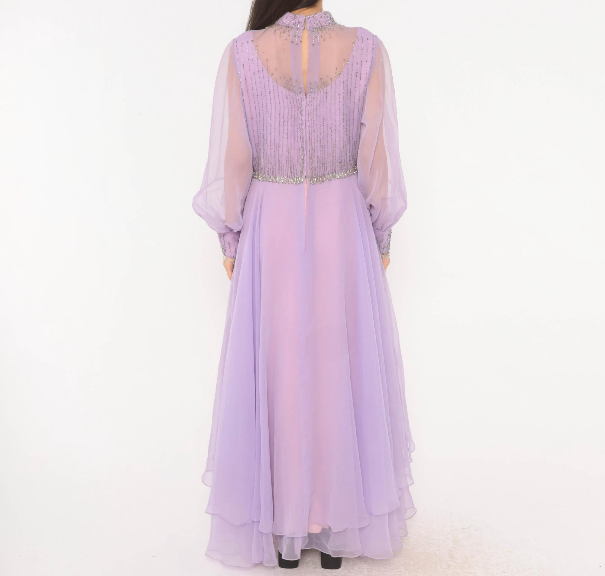 70s Lavender Chiffon Maxi Dress Beaded Bodice Bishop Sleeve Evening Gown Large L
