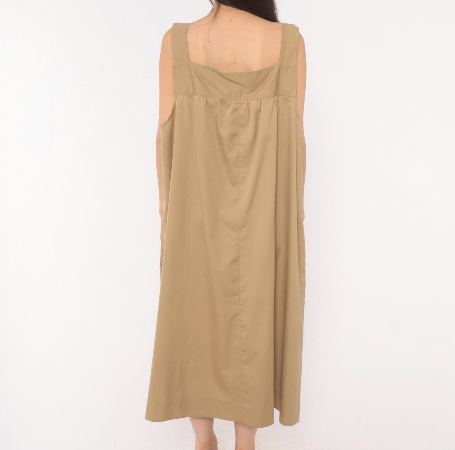 80s Tan Cotton Jumper Dress Square Neck Button Strap Midi Pinafore Large L