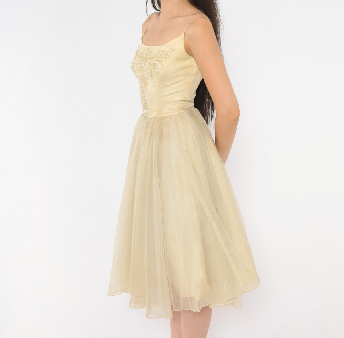 1950s Cream Sequin Floral Party Dress Full Skirt Chiffon Extra Small XS