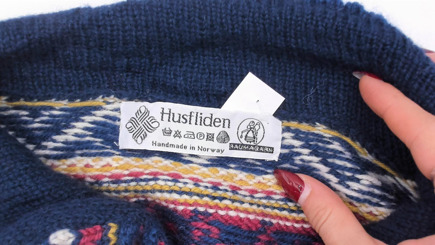 90s Husfliden Norwegian Fair Isle Wool Cardigan Navy Cream Burgundy Medium M