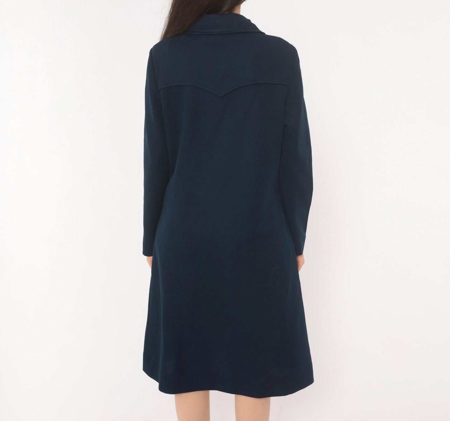 70s R & K Originals Navy Coat Dress Western Yoke Silver Buttons Medium