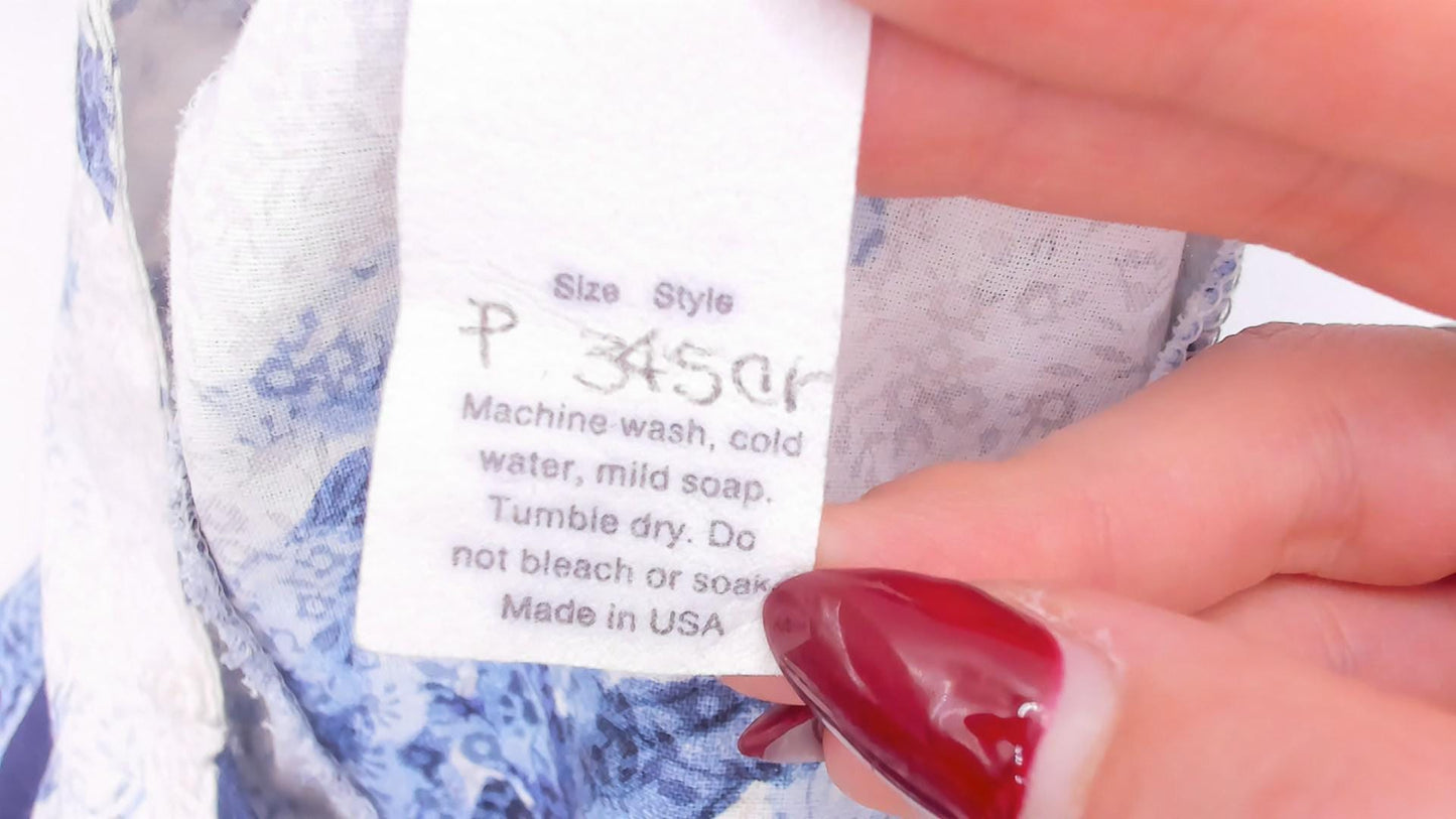 80s Liberty House Blue Floral Toile Cotton Dress V-Neck Puff Sleeve Extra Small XS
