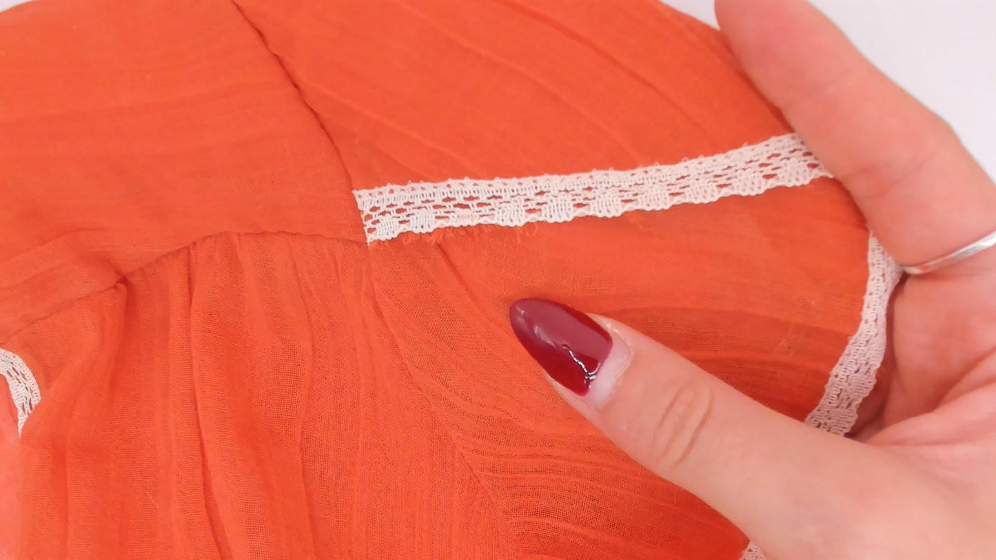 70s Burnt Orange Floral Lace Wrap Blouse Puff Sleeve Cream Trim Small