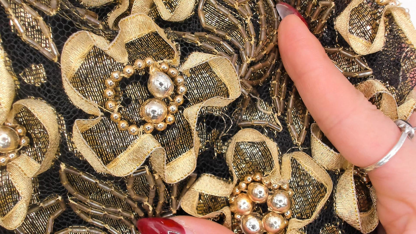 80s Eve of Milady Black Maxi Gown Gold Puff Sleeve Beaded Floral Medium