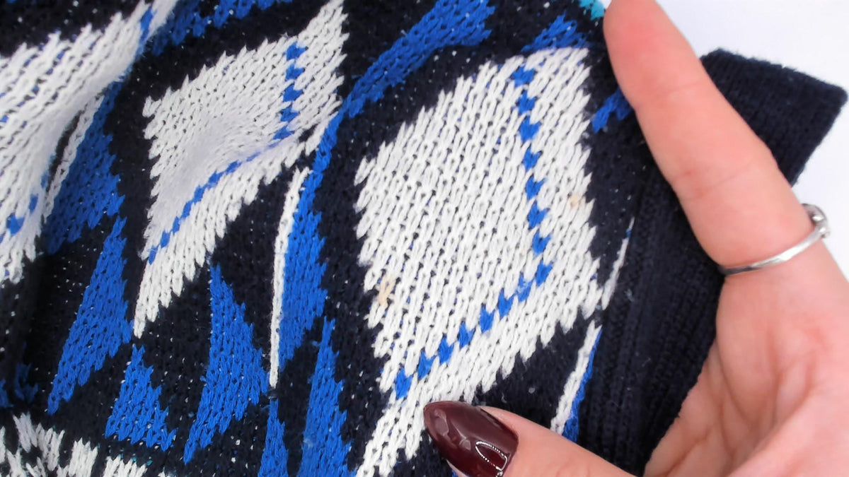90s Sun Set High Way Geometric Knit Cardigan Navy Teal Diamond Fair Isle Large L