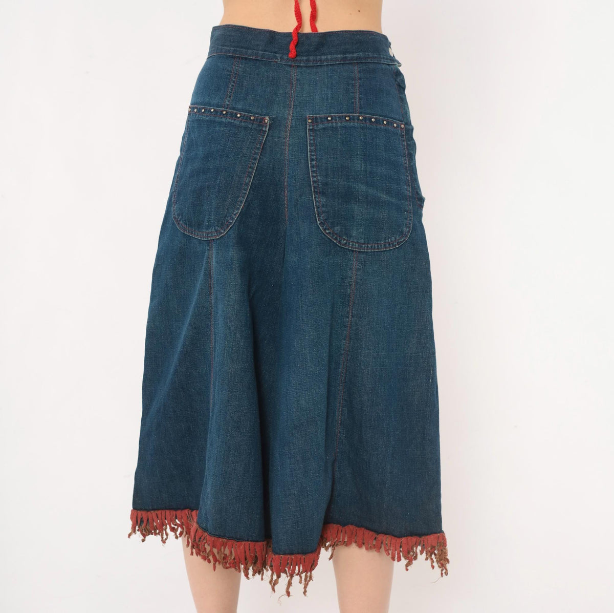 80s Blue Denim Wide Leg Shorts Red Fringe Lace Up Front Studded Medium M