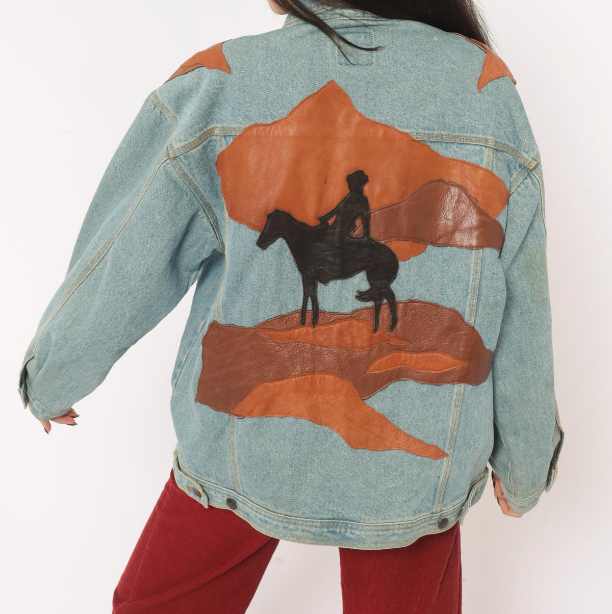 90s Petra C. Wall Denim Jacket Western Leather Cowboy Horse Patchwork Light Blue Medium M