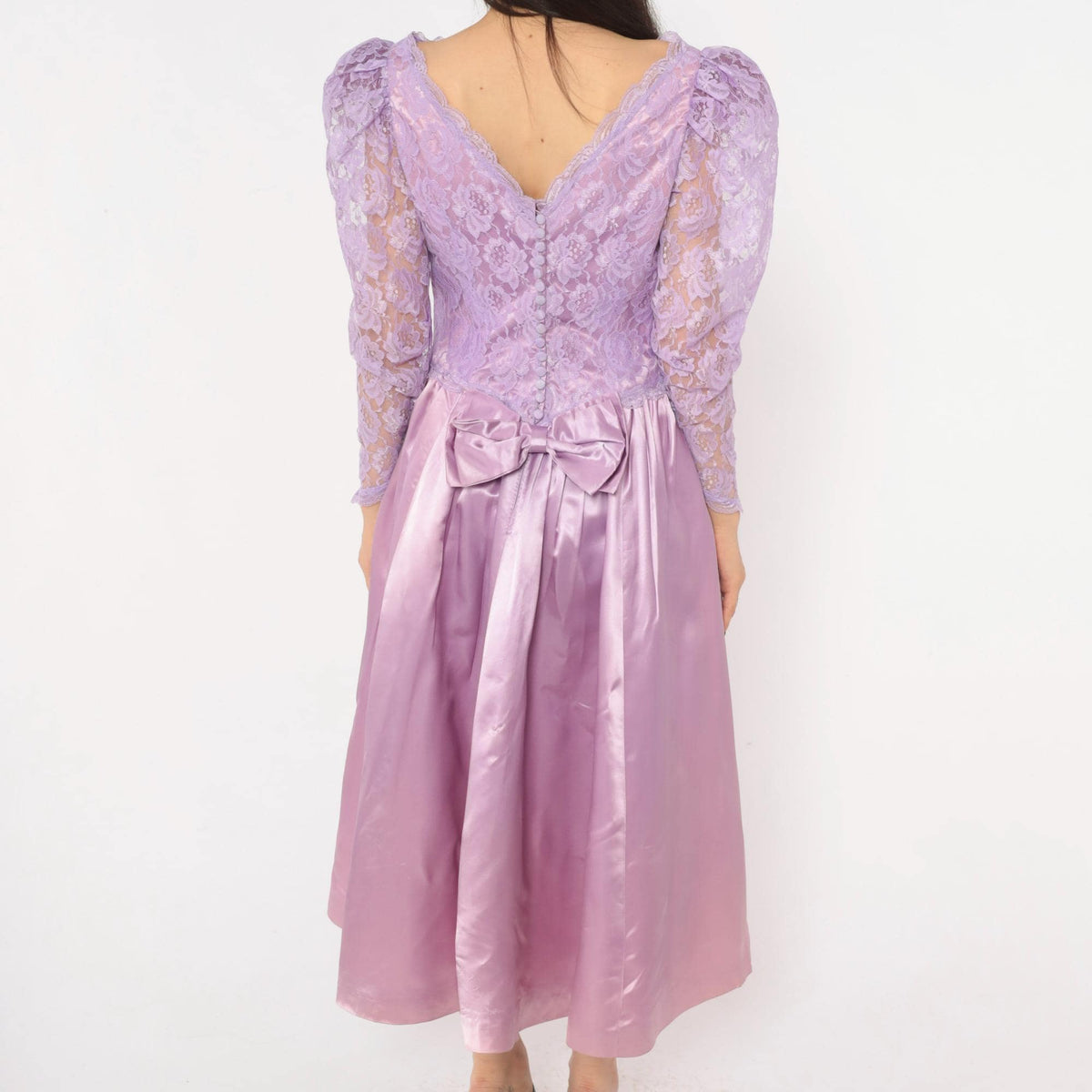 80s Lavender Lace Midi Dress Puff Sleeve Satin Purple V Neck Small