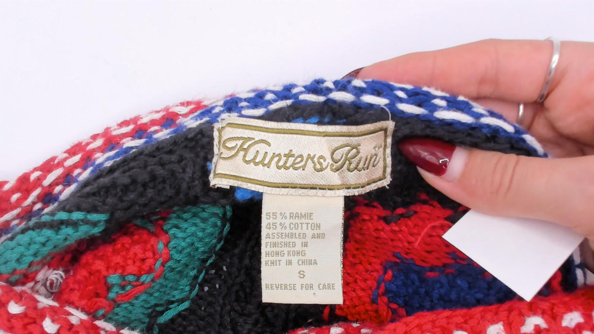 90s Hunter's Run Southwestern Patchwork Beaded Knit Pullover Black Small