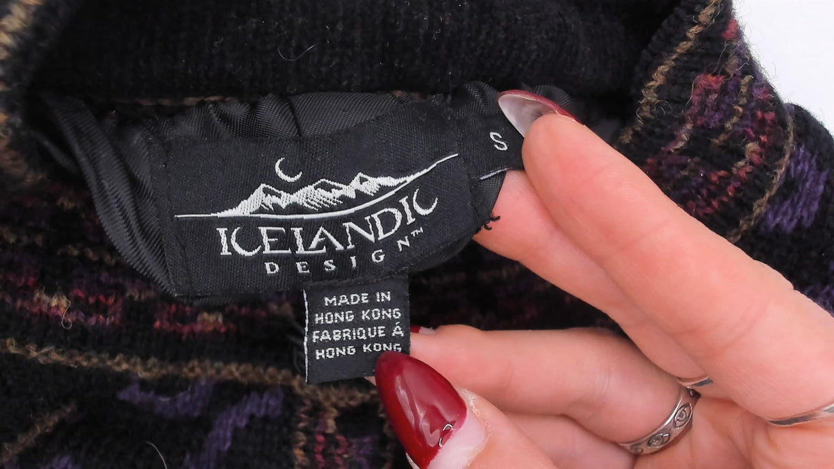 80s Icelandic Design Wool Cardigan Black Purple Floral Jacquard Small
