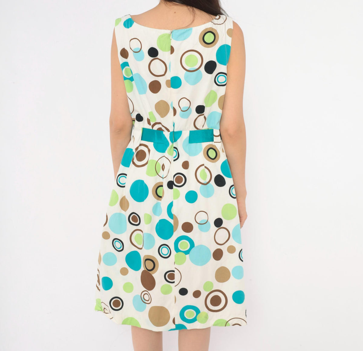 90s Jessica Howard White Polka Dot Sundress Teal Green Brown Knee-Length Large L