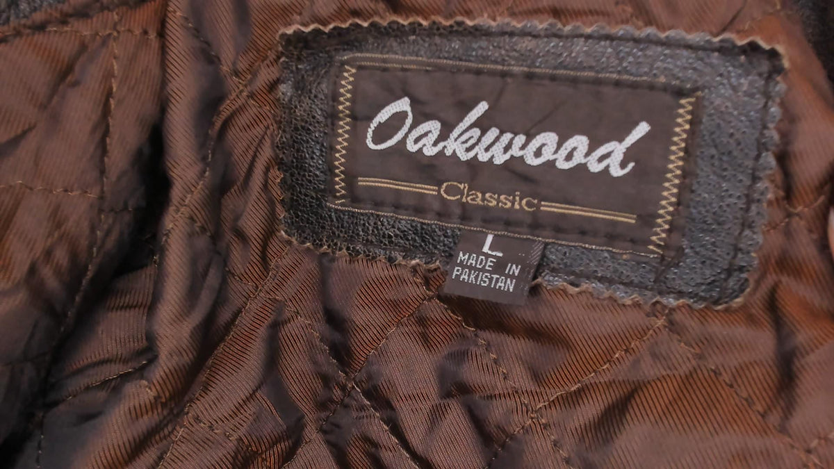 90s Oakwood Brown Leather Jacket Belted Waist Button Front Moto Large