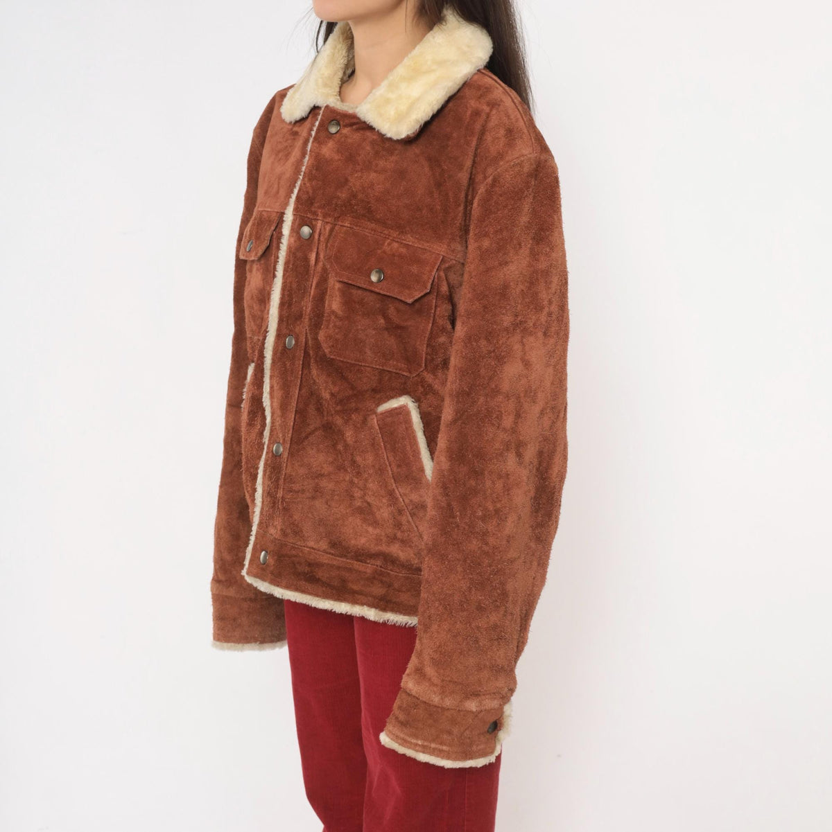 70s Grande Bay Brown Suede Trucker Jacket Shearling Lined Medium