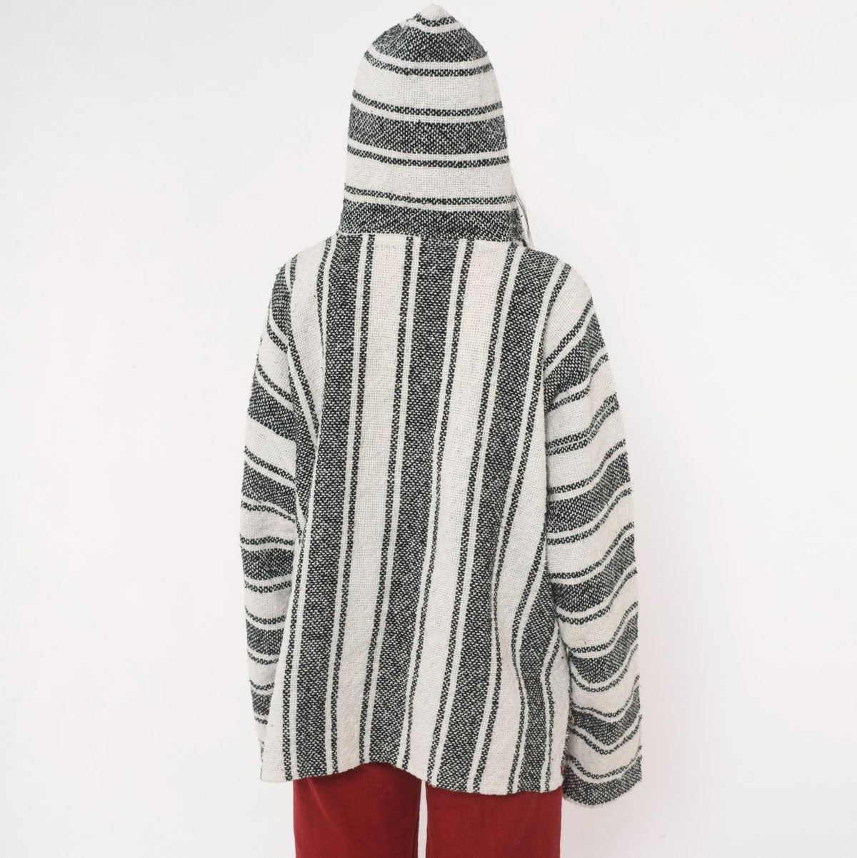 90s Baja Hoodie Black White Striped Woven Pullover Kangaroo Pocket Large L