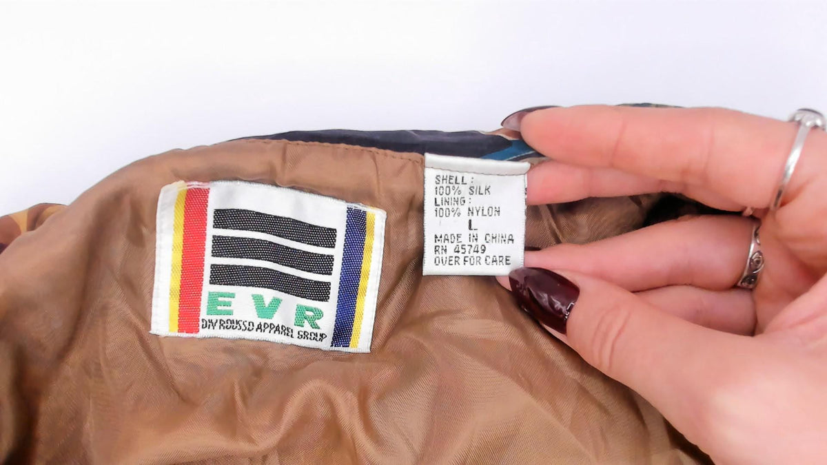 90s EVR Silk Bomber Jacket Tan Patchwork Leaf Print Unisex Large L