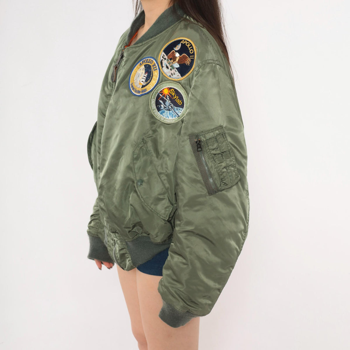 90s MA-1 Bomber Jacket Olive Green Reversible Orange Flight Coat Large L