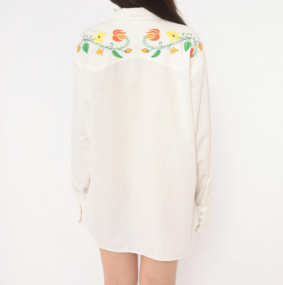 70s Levi's Western Shirt Floral Embroidered Yoke White Pearl Snap Large
