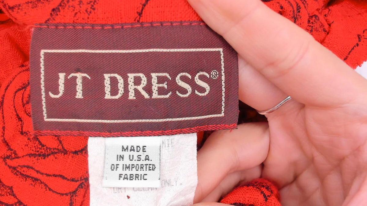 80s Red Rose Print Linen Dress Black Floral Ankle Length Button Front Medium