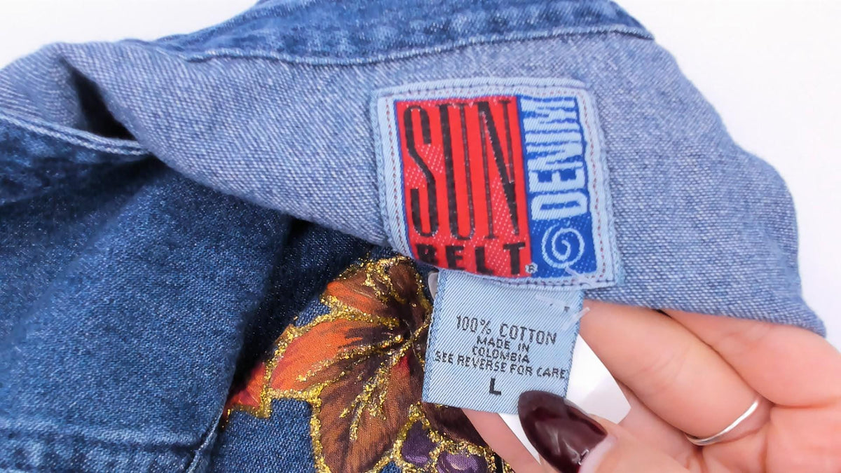 80s Sun Belt Denim Dress Hand Painted Grapes Gold Glitter Blue Cotton Large