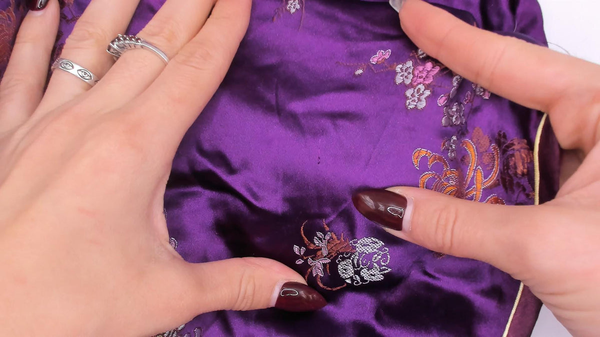 Y2K Purple Cheongsam Dress Floral Brocade Mandarin Collar Frog Button XS