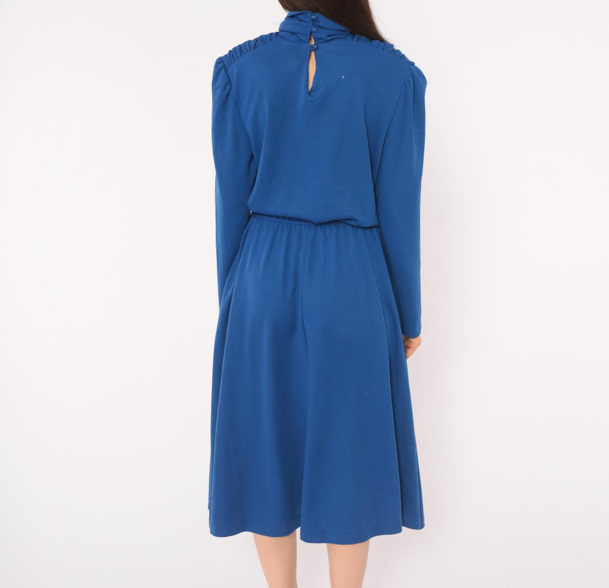 80s Cobalt Midi Dress Puff Shoulder Mock Neck A-Line Pockets Royal Blue Medium M