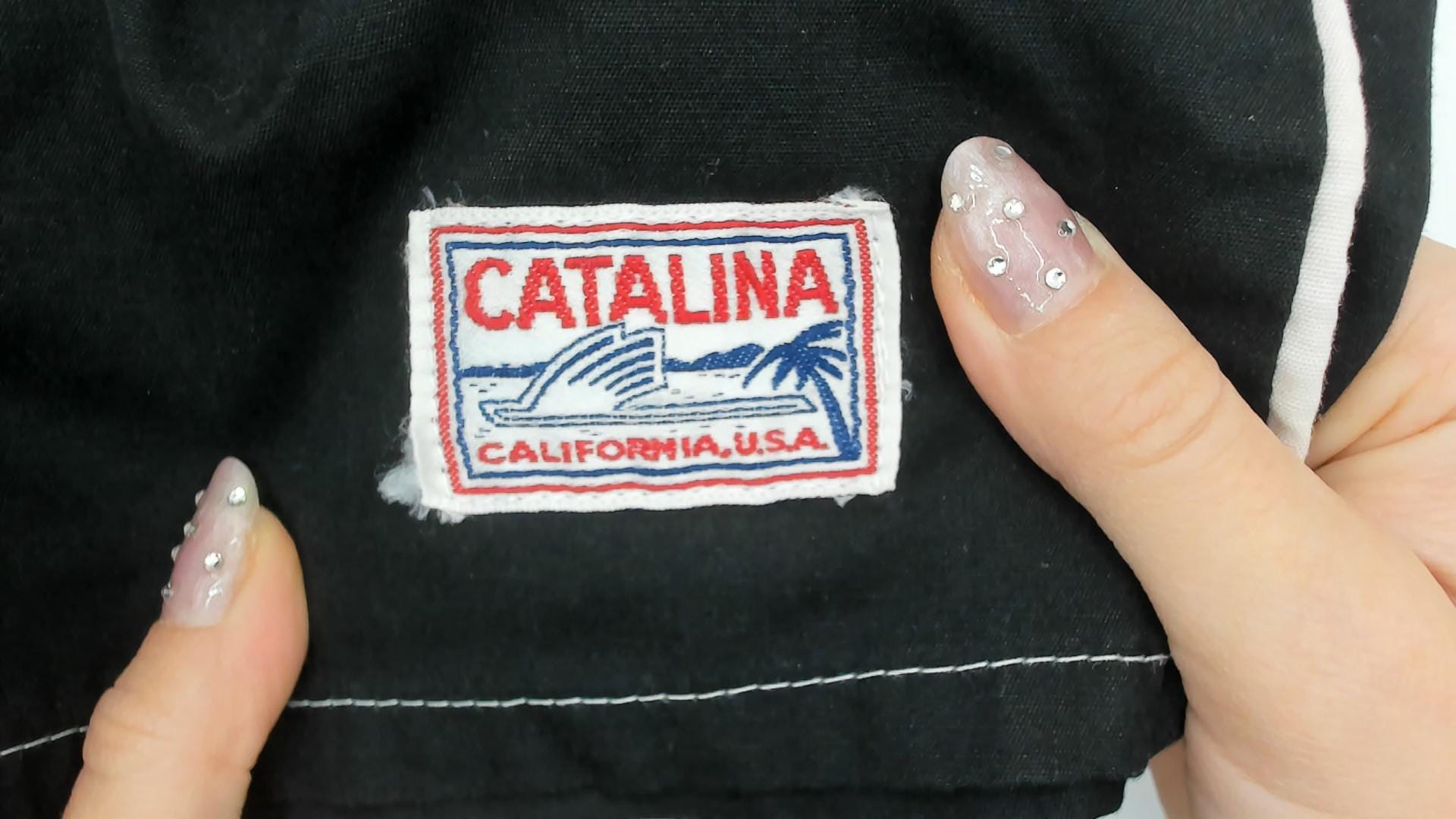 70s Catalina Black Swim Shorts White Contrast Stitching Elastic Waist Large