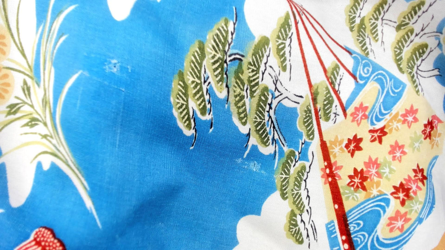 80s Japanese Fan Kimono Robe Blue Floral Maxi Cotton Wrap Large L