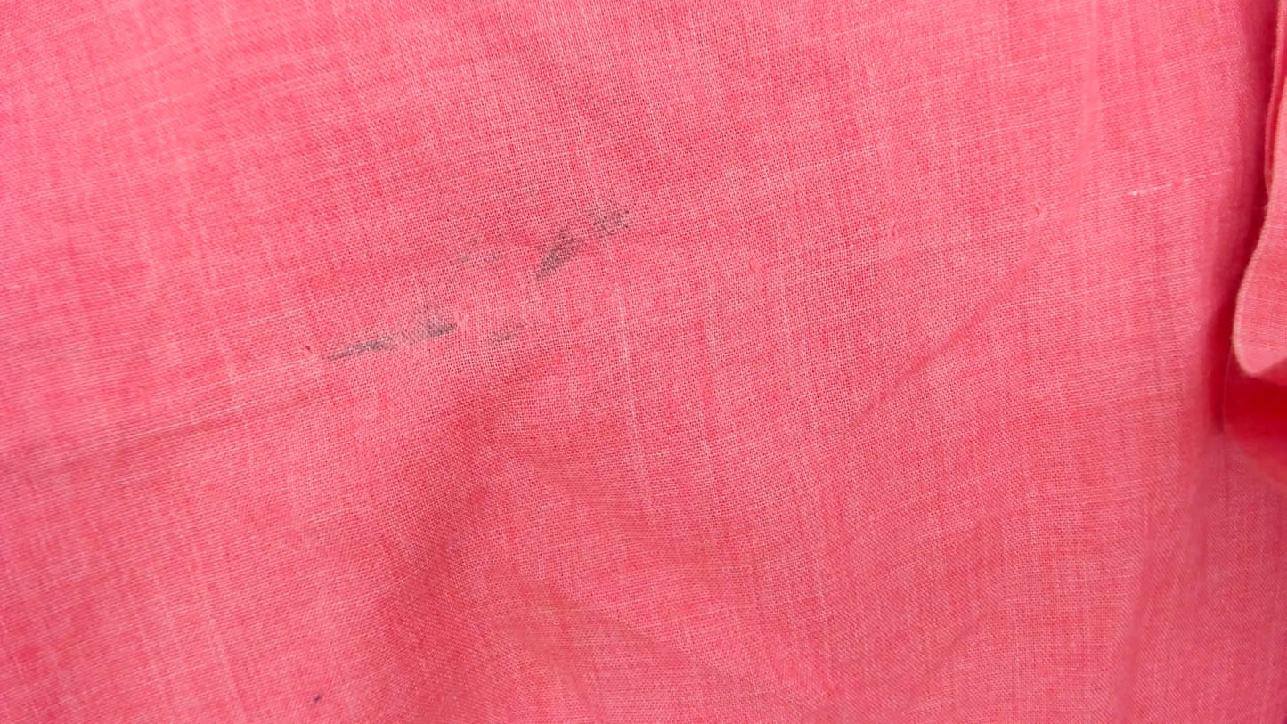 70s Coral Pink Cotton Day Dress Button Front Gathered Skirt Pockets Medium Large
