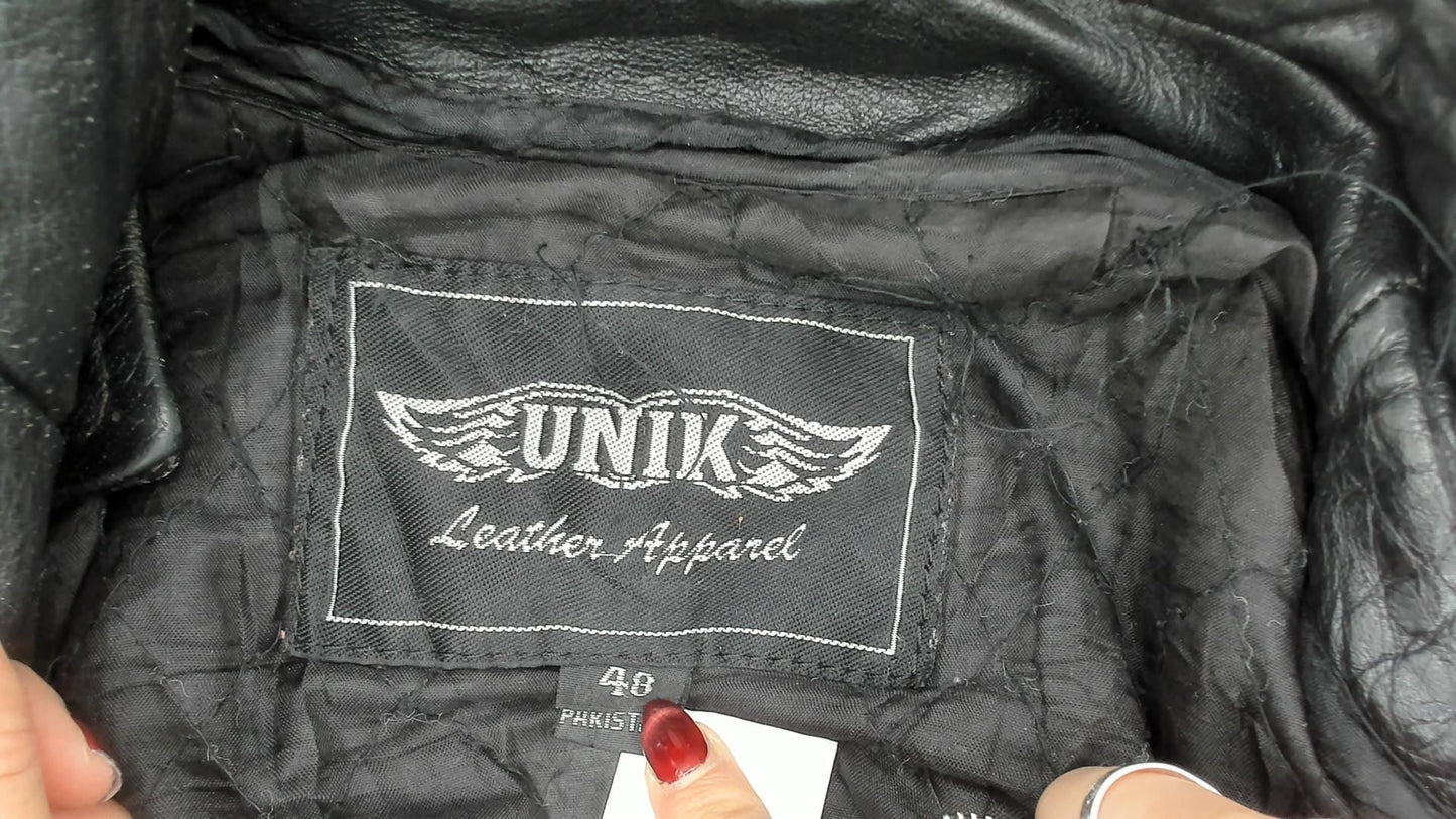 90s Unik Leather Cafe Racer Jacket Black Moto Coat Heavy Weight Extra Large