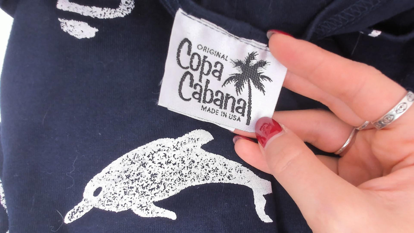 90s Copa Cabana Navy Nautical Maxi Dress Sailboat Dolphin Print Medium