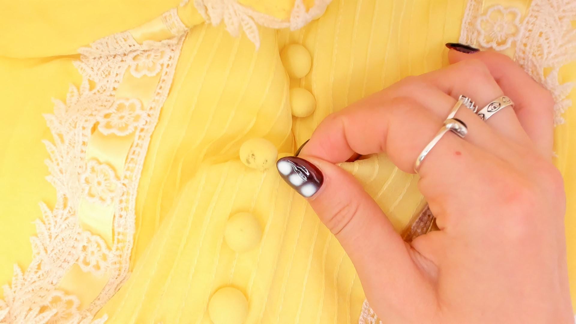 1970s Yellow Chiffon Mini Dress Lace Trim Mock Neck Pintuck Bodice Small