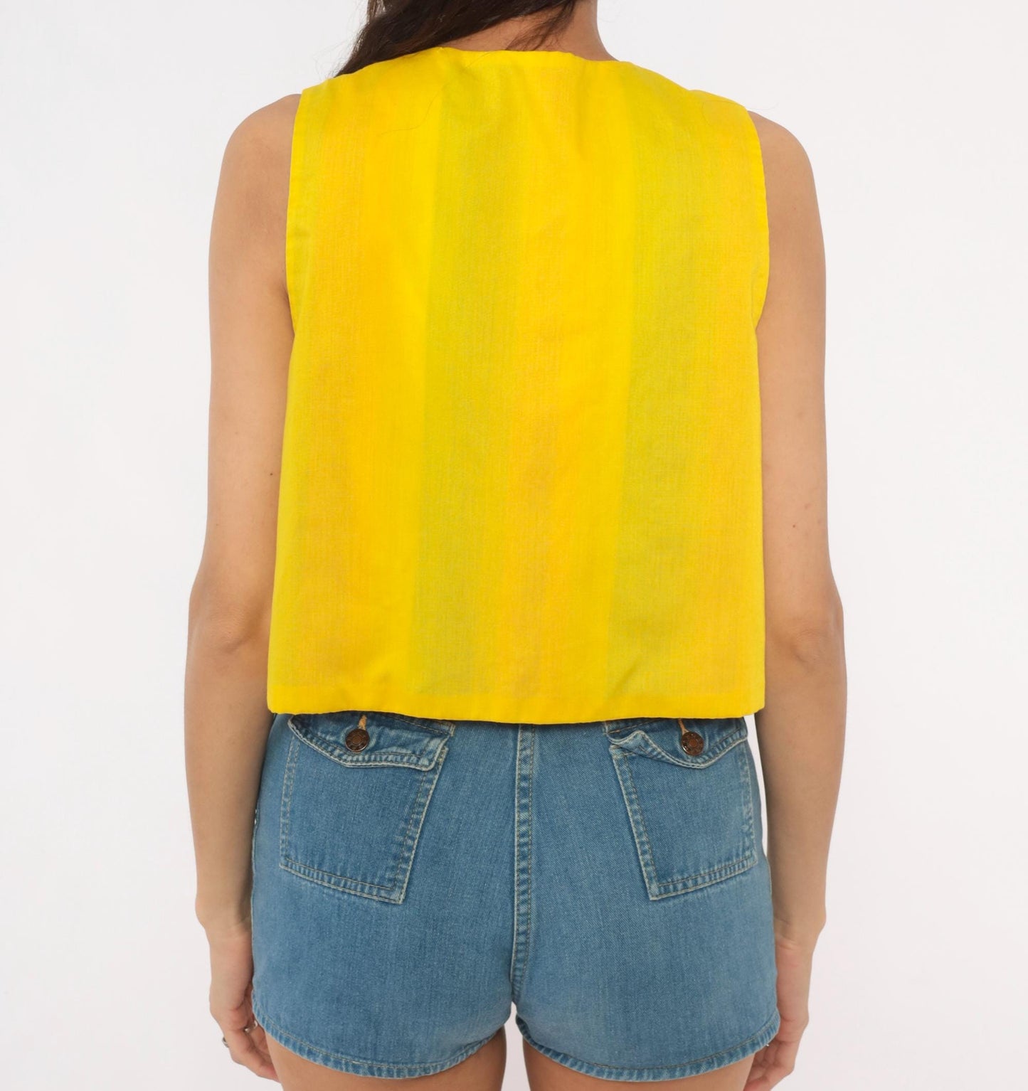 80s Rainbow Stripe Cotton Vest Reversible Yellow Lined Cropped Waistcoat Small